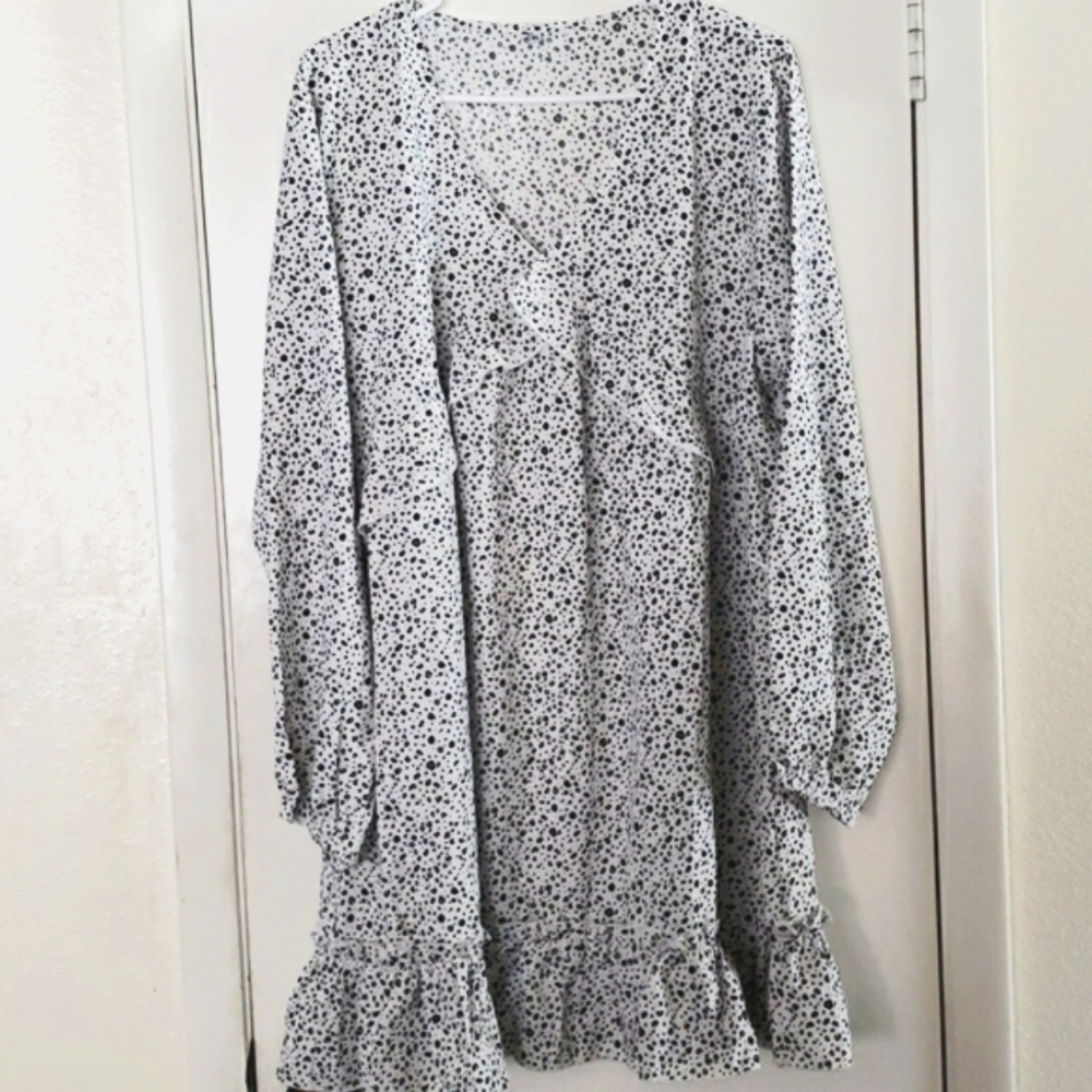 Liher Leopard Spot V-neck Ruffle Cross Bodice & Hem Long Sleeve Dress SZ XL
